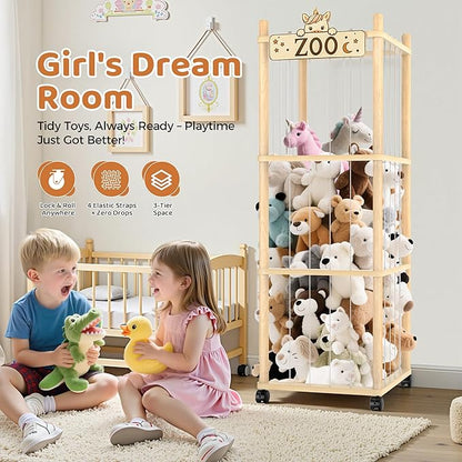 Stuffed Animal Storage Zoo Tower,56In Wooden Large Stuffed Animal Holder Organizer with Wheels,Stuffy Plushies Storage with Elastic Band&Mesh Bottom,Toy Storage Organizers for Playroom Bedroom Nursery