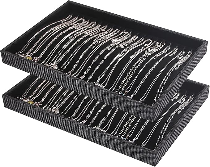 Julysky 2 Pcs/set Stackable Jewelry Organizer Trays，Necklace Tray+Necklace Tray, Jewelry Displays for Selling,Black
