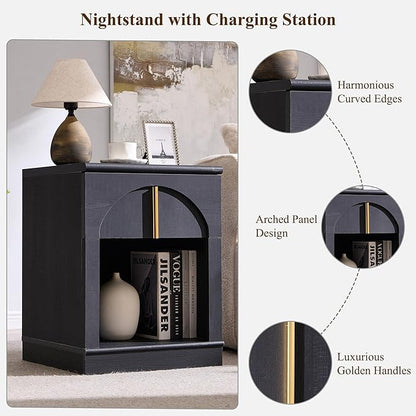 ACCOHOHO Modern Night Stand Set 2 with Arched Panel,18" Wooden nightstand with Charging Station,Bedside Table with Drawer Storage,Side End Table with Open Shelf for Bedroom,Living Room,Black