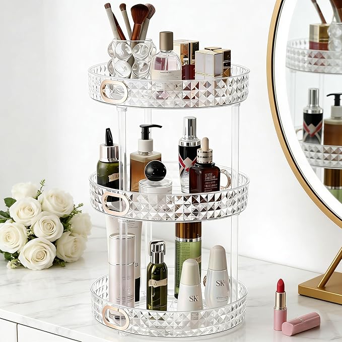 HsaExtriva 360 Rotating Makeup Organizer for Vanity, 3 Tier Diamond Patterned Perfume Organizer for Women, Large Capacity Skincare Lotion Cosmetic Storage Dresser Bathroom Countertop Lazy Susan, Clear