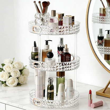HsaExtriva 360 Rotating Makeup Organizer for Vanity, 3 Tier Diamond Patterned Perfume Organizer for Women, Large Capacity Skincare Lotion Cosmetic Storage Dresser Bathroom Countertop Lazy Susan, Clear
