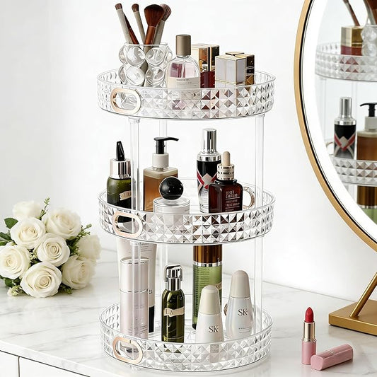 HsaExtriva 360 Rotating Makeup Organizer for Vanity, 3 Tier Diamond Patterned Perfume Organizer for Women, Large Capacity Skincare Lotion Cosmetic Storage Dresser Bathroom Countertop Lazy Susan, Clear