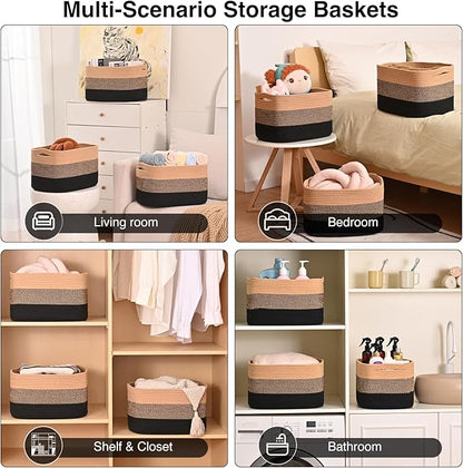 Storage Baskets for Organizing Shelves, Decorative Baskets for Storage, Woven Cotton Rope Basket for Living Room Bedroom Nursery, 15"x11"x9.5", 3 Packs, Gradient Black & Jute