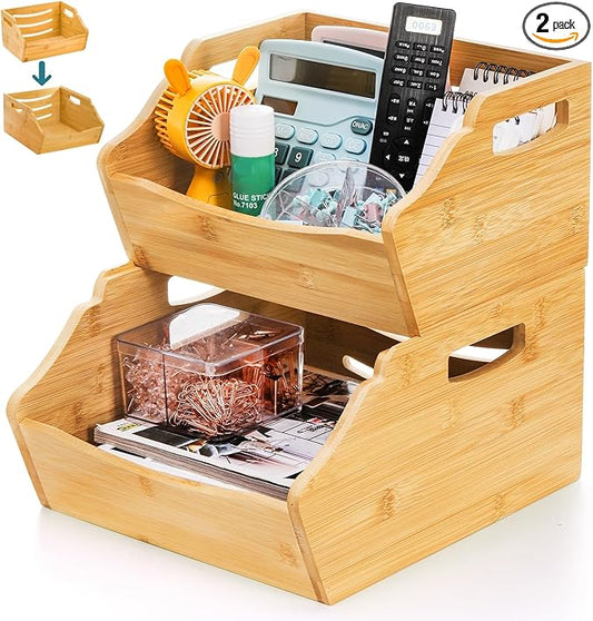 2 Pack Bamboo Stackable Storage Bin, Countertop Open Front Stacking Bins, 2 Tier Organize Basket Box with Handle, Food Fruit Container for Cabinet, Kitchen, Studio, Office
