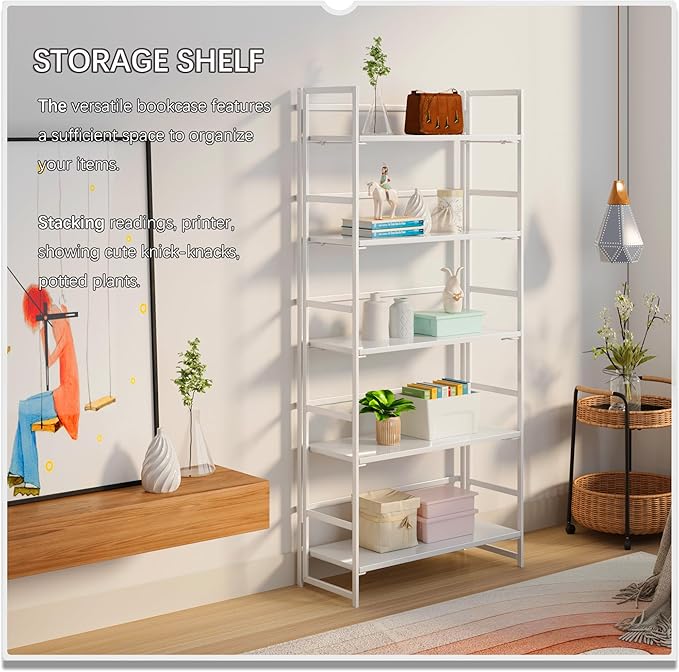4NM No Assembly 5 Tiers Collapsible Book Shelves, 51.2" H Folding Bookshelf Bookcase Open Industrial Foldable Shelves for Bedroom, Living Room, Home Office - All White