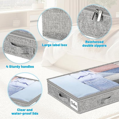 3 Inch Low Profile Under Bed Storage Drawer 2 Pack, Lightweight Underbed Clothes Storage Container Bins with NO STURCTURE, Shallow Storage Bag for Dorm & Home, With Clear Lids & Water-Resistant Fabric