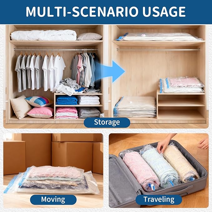 ZoeEnjoyLife Vacuum Storage Bags for Clothing Travel,7 Pack Vacuum Bags with Pump,Space Saver Bag for Clothes Travel & Home (2 Roll Up Bags,1 Small,1 Medium,1 Large,1 Jumbo,1 Super Jumbo)