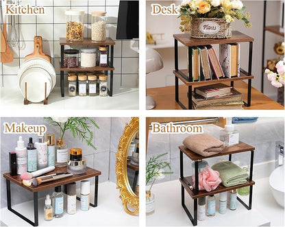 Marsui 4 Pcs Kitchen Organizer Accessories Set Cabinet Organizer Shelf and Bamboo Dish Drying Plate Rack Counter Shelves Storage Holder for Spice Rack, Dish, Pot Lid, Bowl, Cup(Deep Color)