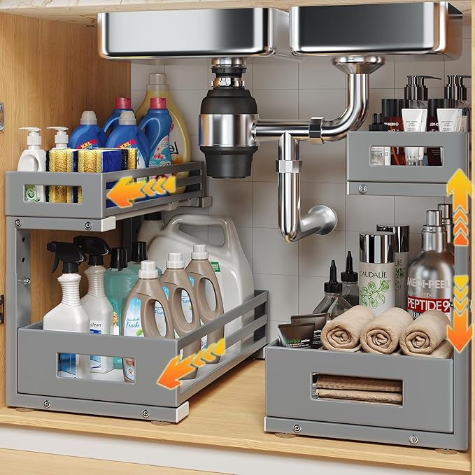 2-Pack Under Sink Organizers and Storage,2-Tier L Shape Pull Out Cabinet Organizer With Round Tube Slide Rails,Hight Adjustable Slide Out Drawers for Kitchen&Bathroom,Multi-Purpose Storage Shelf-Gray