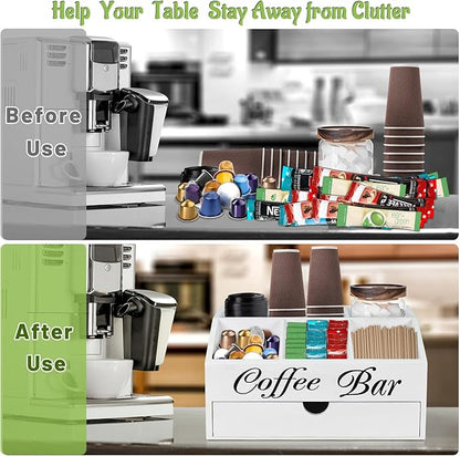 Coffee Bar Organizer Countertop, Wooden Bar Accessories With Drawer, Coffee Station Organizer Pods Holder Storage Basket, Farmhouse Tea Condiment Station