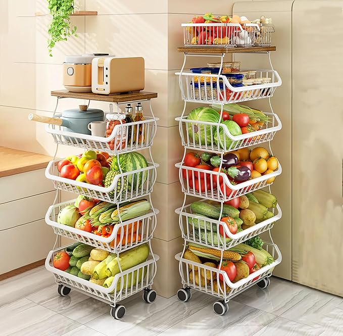 MURRI&MURRDI Fruit Vegetable Storage Basket with Wooden Lid, 6 Tier Stackable Kitchen Cart with Wheels, Tall Produce Snack Racks Display, Narrow Rolling Cart for Pantry Onion Potato, White