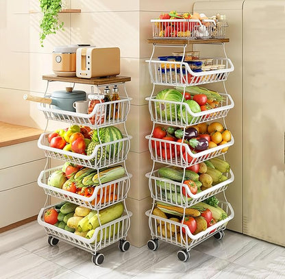MURRI&MURRDI Fruit Vegetable Storage Basket with Wooden Lid, 6 Tier Stackable Kitchen Cart with Wheels, Tall Produce Snack Racks Display, Narrow Rolling Cart for Pantry Onion Potato, White