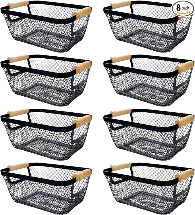 8 Pcs Black Wire Basket with Wooden Handle Metal Mesh Baskets for Pantry Storage Snack Organizer for Kitchen Cabinet Bathroom Fridge Fruit Makeup Office