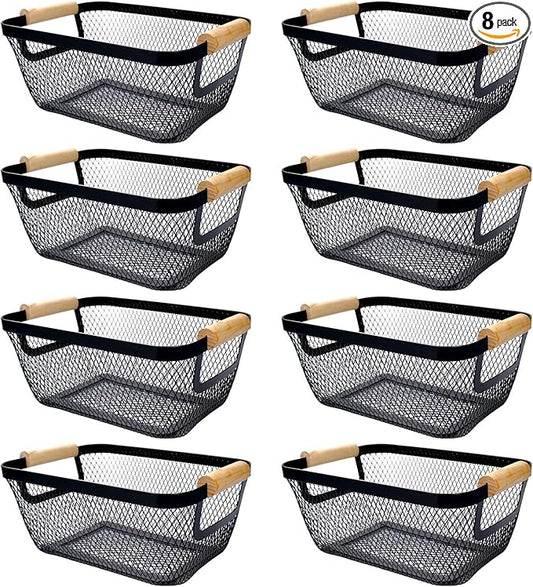 8 Pcs Black Wire Basket with Wooden Handle Metal Mesh Baskets for Pantry Storage Snack Organizer for Kitchen Cabinet Bathroom Fridge Fruit Makeup Office