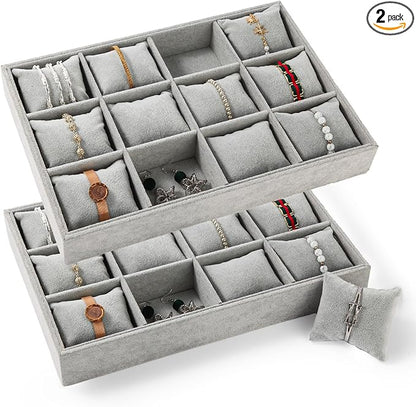Polmart Stackable 12-Grid Jewelry Tray with Pillow, Gray Velvet (2-Pack)