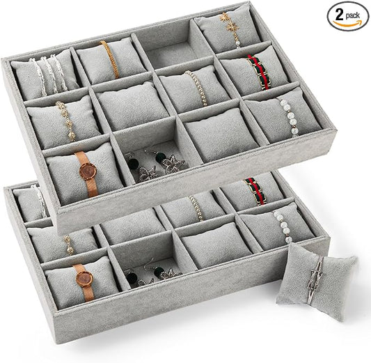 Polmart Stackable 12-Grid Jewelry Tray with Pillow, Gray Velvet (2-Pack)