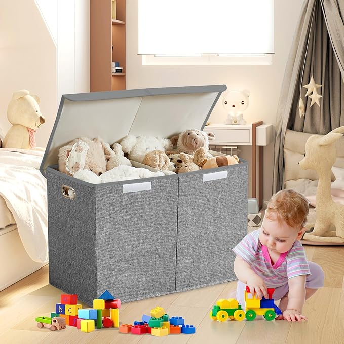 Large Toy Storage Box with Lid, Collapsible Toys Storage Organizer Bins with Dividers and Handles, Storage Chest Bin for Kids, Boys, Girls, Nursery 25"x13" x16" (Gray)