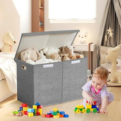 Large Toy Storage Box with Lid, Collapsible Toys Storage Organizer Bins with Dividers and Handles, Storage Chest Bin for Kids, Boys, Girls, Nursery 25"x13" x16" (Gray)