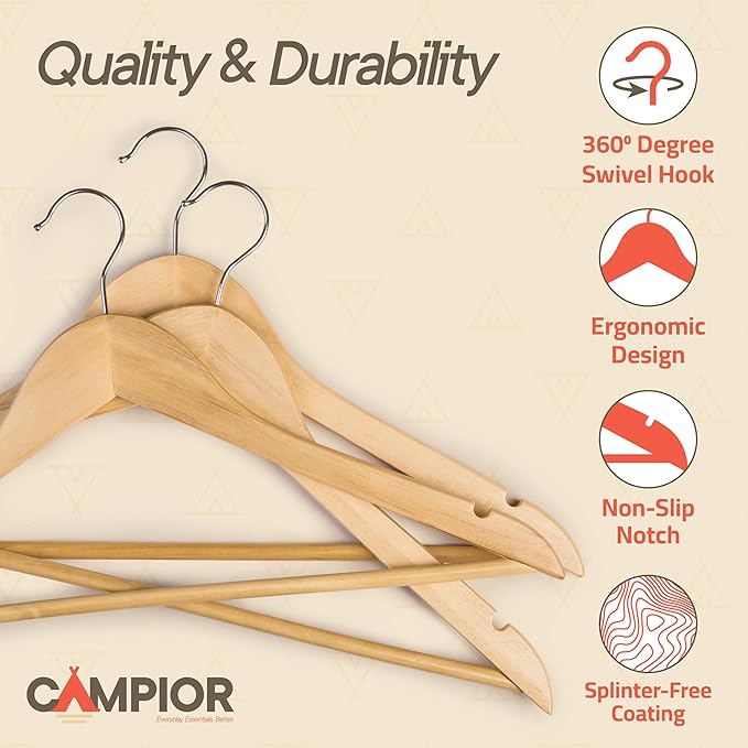 Natural Wooden Hangers 10 Pack – Heavy-Duty with 360° Swivel Hook, Non-Slip, Pants Bar & Shoulder Grooves - Wooden Hangers for Suits, Jackets, Dresses & Camisoles, Space-Saving and Smooth Finish