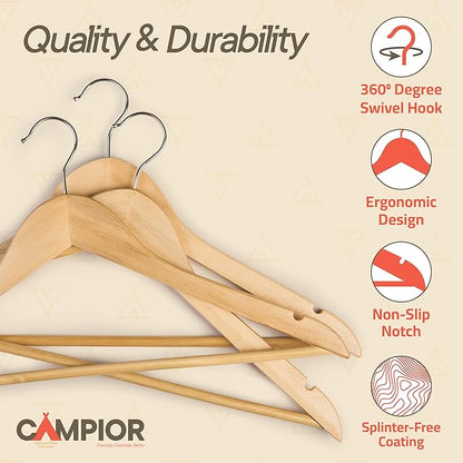 Natural Wooden Hangers 10 Pack – Heavy-Duty with 360° Swivel Hook, Non-Slip, Pants Bar & Shoulder Grooves - Wooden Hangers for Suits, Jackets, Dresses & Camisoles, Space-Saving and Smooth Finish