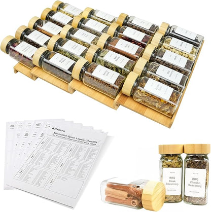 KitHero Spice Drawer Organizer with 20 Bamboo-lidded Spice Jars,216 Labels,25 Non-slip Rubber, Bamboo 4 Tier Seasoning Rack Tray Insert for Kitchen Drawers,Cabinets,Countertop,11" Wide x 15.8" Deep