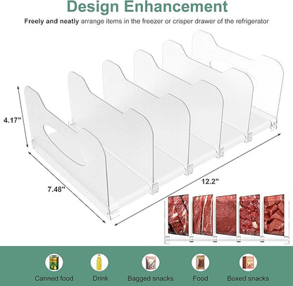 Freezer Organizer 12” Visible Fridge Organizer Rack with Removable Dividers and Handles, Freely Adjustable, Fits Refrigerator Frozen Meals, Lunch Meat Box, Cheeses(White)