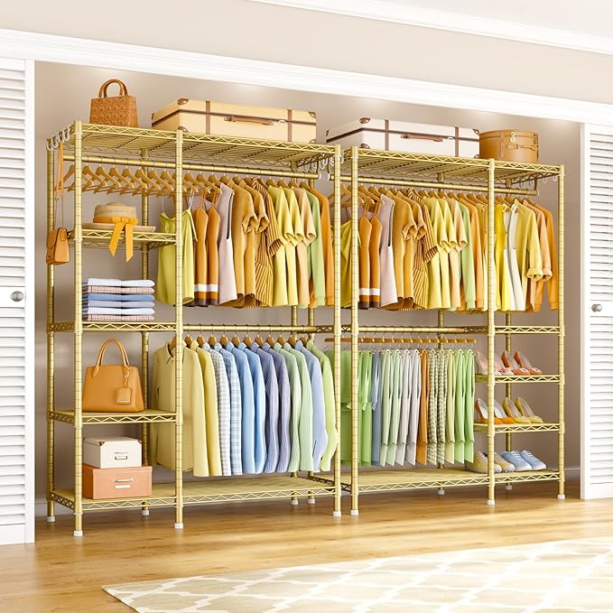 Ulif F2 Clothes Rack, 5 Tiers Heavy Duty Garment Rack for Bedroom, Freestanding Adjustable Closet Storage Organizer, 46.1" W x 15.4" D x 78.3" H, Load 630lbs, Upgraded Gold