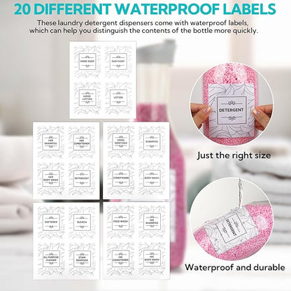 4 Pack Laundry Bottles 53oz Plastic Liquid Detergent Dispenser with 20 Label Laundry Room Organization for Liquid Powder Bleach Scent Booster Beads Soap Fabric Softener