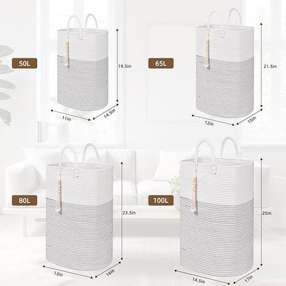 Woven Laundry Basket for Clothes, 100 L Large Rectangle Laundry Hampers with Beads Tassel, Nursery Storage Basket for Toys, Tall Dirty Clothes Hamper for Bedroom Aesthetic, Laundry Room Organization