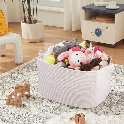 White Storage Baskets for Organizing, Toy Basket Storage Kids, Nursery Cotton Rope Baskets for Living Room, Deorative Organizer Bin Box (White)