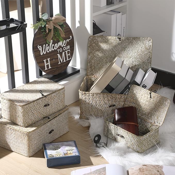 Woanger Set of 4 Wicker Storage Baskets Organizer，Handwoven Storage Bins with Lid for Organizing, Home Utility Box for Home Office Supplies Multipurpose Container(White)