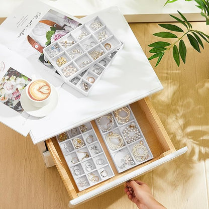Junkin 12 Pcs Jewelry Tray Velvet Stackable Jewelry Organizer Trays Divided Earring Accessories Storage Containers Box (Rose Red)
