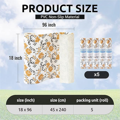 FIFTY FEET 18X96 Inch Shelf Liner for Kitchen Cabinets, PVC Drawer Liner for Dresser Non-Slip Bathroom, Non-Adhesive Cabinet Liner Washable (Yellow Floral)(5 Roll)