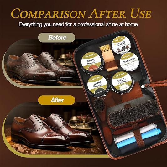 Leather Shoe Care Kit, Professional 13-Piece Shoe Polish Gift Set with Saddle Soap, Mink Oil, Horsehair Brushes and Travel Case for Business Professionals for Men Women