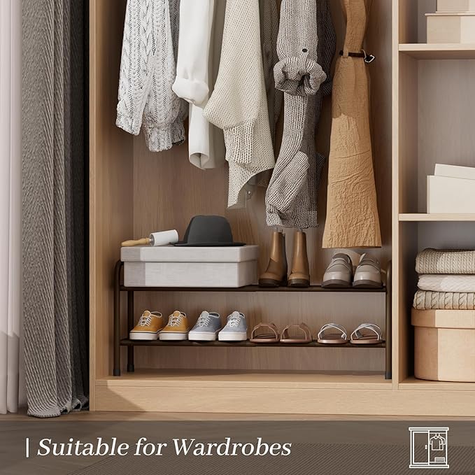 Expandable Shoe Rack, 2-Tier Metal Small Shoe Rack, Adjustable Shoes Organizer, Storage Shelf for Closet, Entryway, Brown