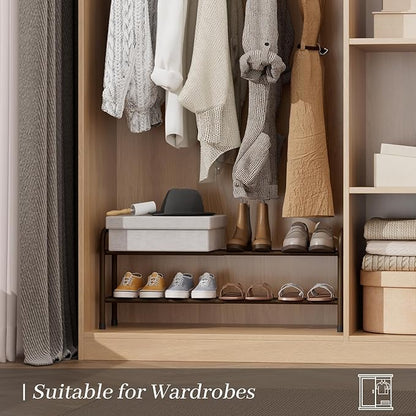 Expandable Shoe Rack, 2-Tier Metal Small Shoe Rack, Adjustable Shoes Organizer, Storage Shelf for Closet, Entryway, Brown