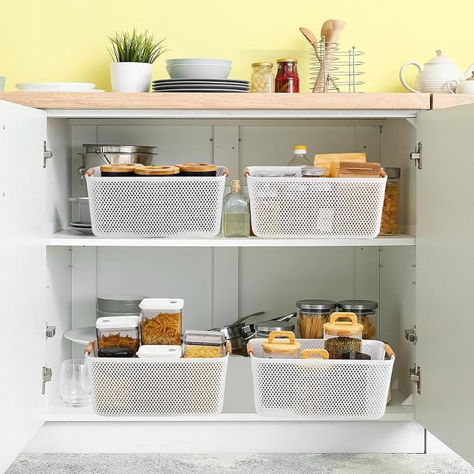 Tioncy 4 Pcs White Mesh Baskets with Wooden Handles Plastic Storage Organizer Baskets Pantry Basket Fruit Vegetables Gathering Basket Bin for Organizing Cabinet Closet Bedroom Kitchen(Large)