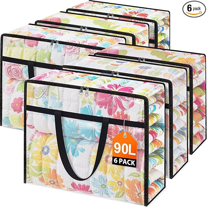 EdenDwell Clear Under Bed Storage Containers - 6 Pack Large Capacity Clothes Storage Bags with Lid & Sturdy Handles, Foldable Moving Bags, Clothing Organizer Totes for Bedding, Comforter, Sheet（90 L）