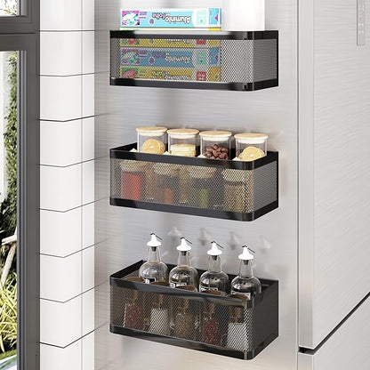 Magnetic Spice Rack for Refrigerator with Magnet Paper Towel Holder, Heavy-Duty Magnetic Shelf for Fridge, 2-in-1 Organization Shelf Sets for Kitchen, Washing Machine & Fridge Side, Black