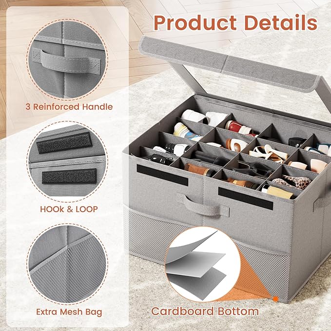 PHINOX Shoe Organizer for Closet, Fits up to 16 Pairs, Shoe Storage Bins with Clear Cover and Reinforced Handles, Foldable Shoe Storage Organizer, Space Saving Shoe Holder for Wardrobe, 1 Pack Grey