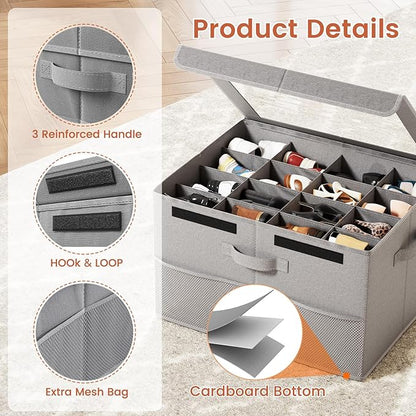 PHINOX Shoe Organizer for Closet, Fits up to 16 Pairs, Shoe Storage Bins with Clear Cover and Reinforced Handles, Foldable Shoe Storage Organizer, Space Saving Shoe Holder for Wardrobe, 1 Pack Grey