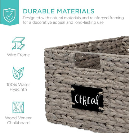 Best Choice Products Pantry Baskets Set of 2 16x12in Water Hyacinth Storage Baskets, Woven Wicker Kitchen Organizers with handles w/Chalkboard Label Chalk Marker - Gray