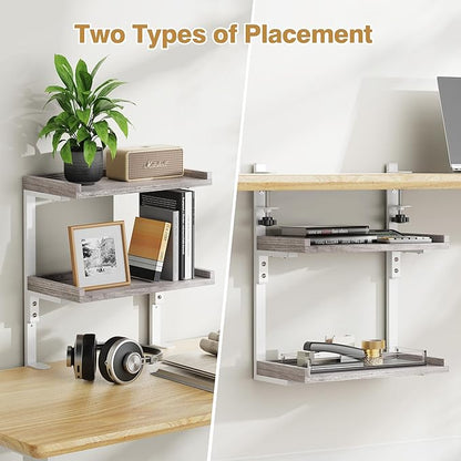 Clamp On Desk Shelf 2-Tier, Wood Shelving Unit for Office Desk/Gaming Accessories, Tabletop Book Storage Rack, Shelf for Top of Desk, Grey