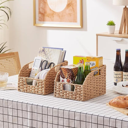 OIAHOMY Pantry Baskets for Organizing, Paper Rope Baskets with Built-in Handles, Wicker Storage Bins for Shelves, 2 Pack-Yellow