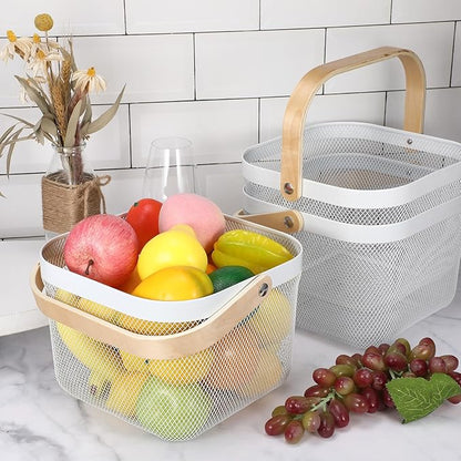 Roshtia 6 Pcs Metal Mesh Steel Basket with Handle, Rustic Square Wire Harvest, Shopping Baskets for Retail Store Garden Bathroom Kitchen(8.46 x 8.46 x 6.5 Inch,White)