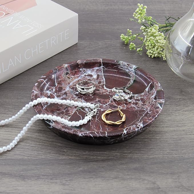 Small Natural Marble Jewelry Tray Key Plate Holder Dish Trinket Decor Catch All Bowl for Ring Earring Stone Gift for Women Daugther,Rosso Levanto