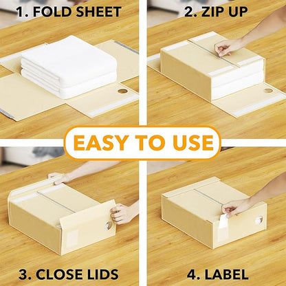 SpaceAid 10 Pack Bed Sheet Organizers and Storage, Foldable Sheet Organizer for Linen Closet, Sheets Set Folder Keeper with Window XL (Queen & King Size) Organizing Bedding Container, Beige