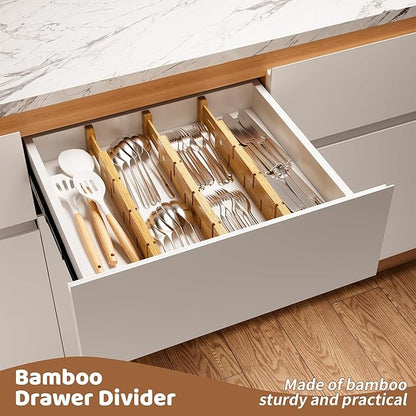Bamboo Drawer Dividers with Inserts kitchen drawer organizer Adjustable Expandable 8 Pack Organizer Set for Kitchen Bedroom Bathroom Office 8 Dividers with 16 Inserts (Natural, Large (18-22.5IN))
