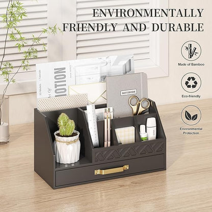 Bamboo Desk Organizer with Drawers, Mail Organizer Countertop Wood Desk Drawer Tabletop Storage Organization Pen Holder Letter Sorter Makeup Organizer for School Home Office (Black)