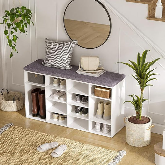 DINZI LVJ Shoe Storage Bench with Cushion, 16-Cubby Shoe Rack, Adjustable Shelves, Multifunctional Shoe Organizer Bench for Entryway, Mudroom, Hallway, Living Room, Bedroom and Garage, White